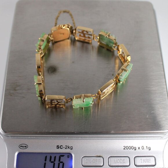 VINTAGE JADE CARVED GREEN CHINESE 14K YELLOW GOLD BRACELET - Picture 11 of 12